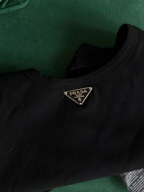 Prada Black Cotton Short-Sleeve Tee with Gold Triangle Logo